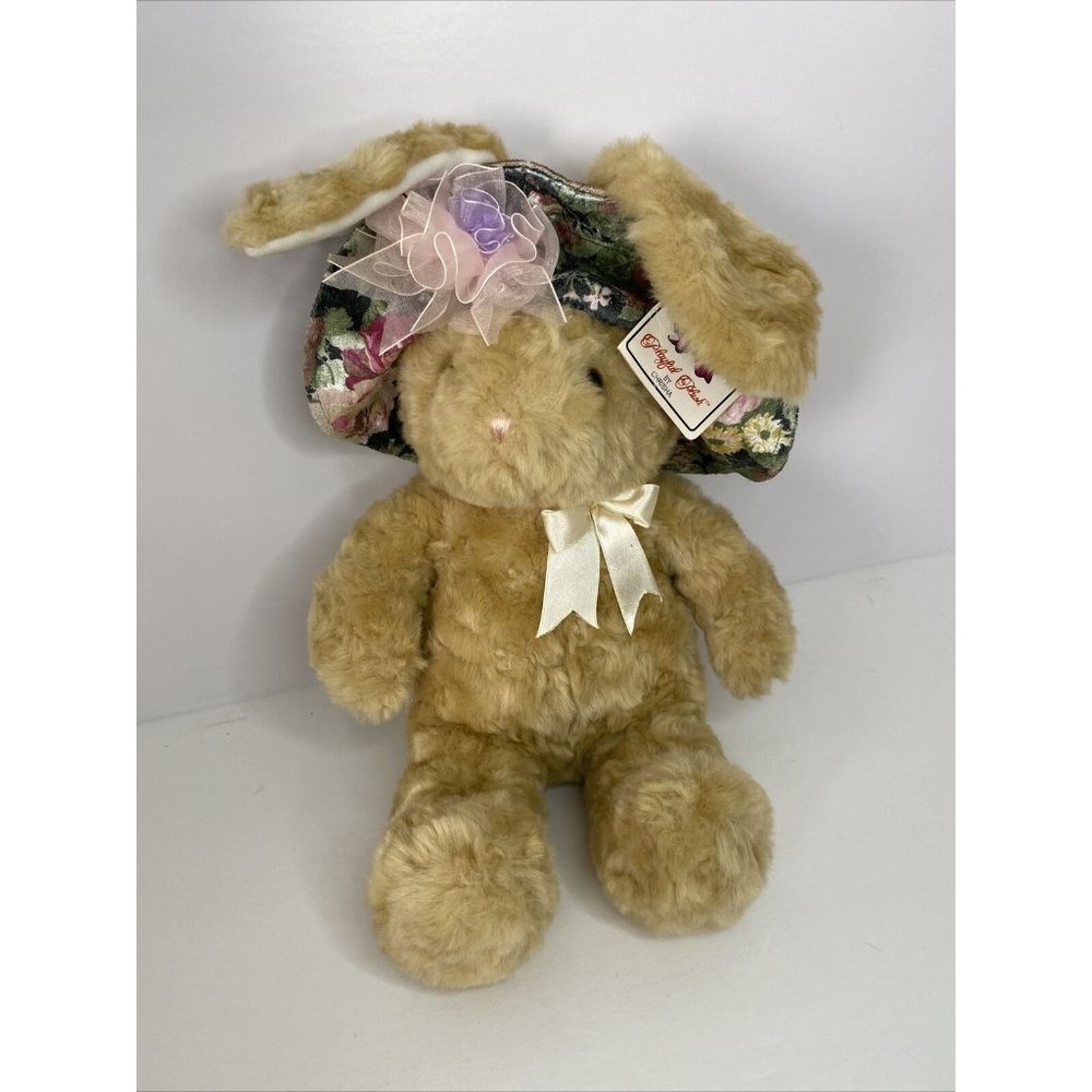 Vintage 1988 Chrisha Plush Bunny Rabbit Honey Tan Floral Hat Easter Stuffed Toy